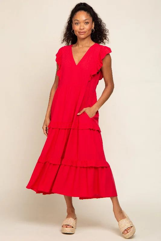 Red Ruffle Accent Tiered Midi Dress Classic Black Midi Dress