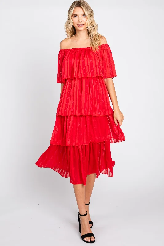 Red Striped Layered Midi Dress Trendy Tiered Hem Midi Dress
