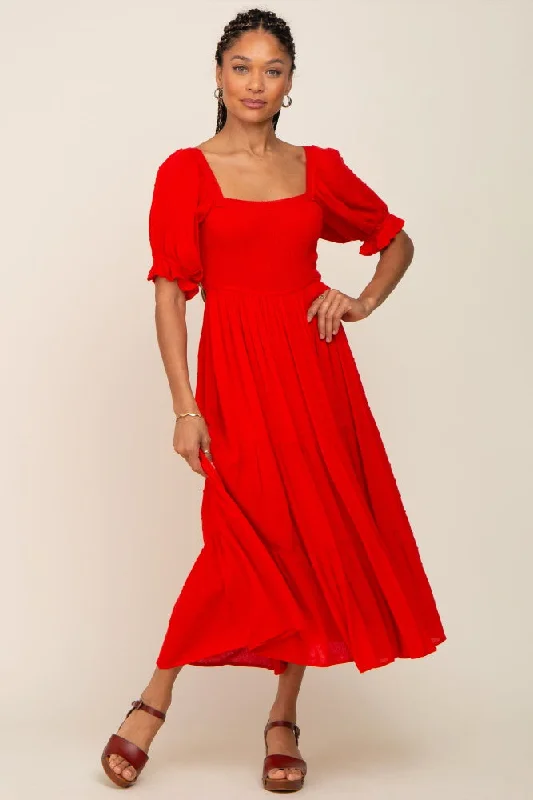 Red Swiss Dot Puff Sleeve Smocked Midi Dress Elegant Floral Appliqué Midi Dress