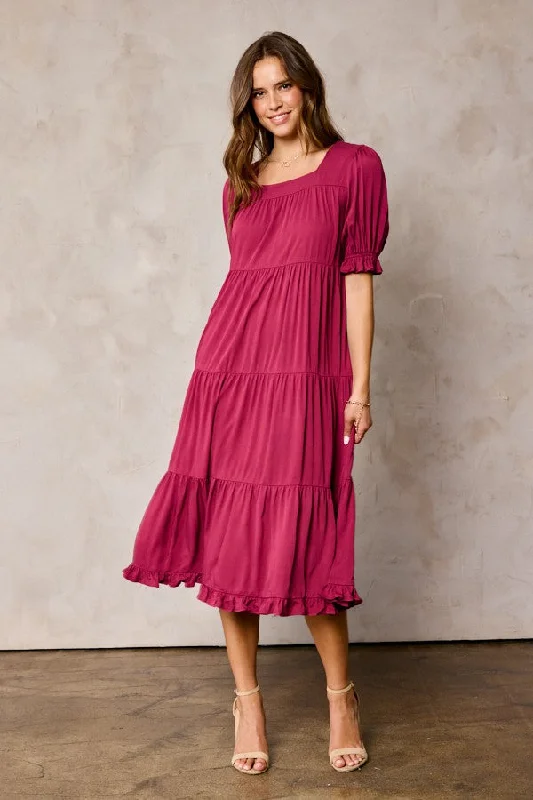 Red Tiered Ruffle Hem Midi Dress Comfortable Denim Midi Dress
