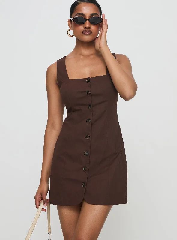 Rodrigo Button Through Mini Dress Chocolate Trendy Tulle Mini Dress