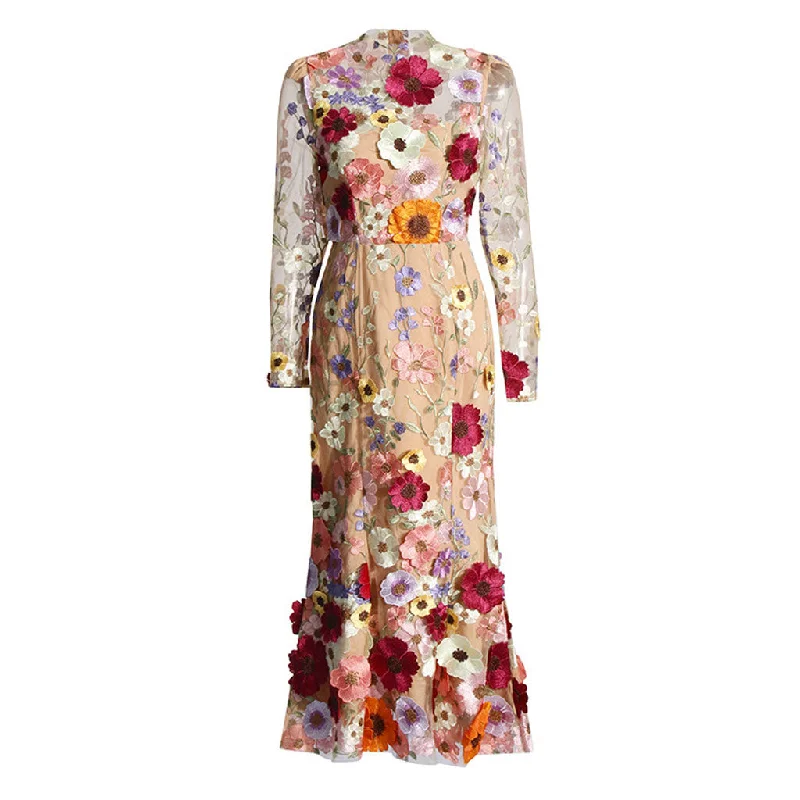 Romantic Mock Neck Long Sleeve Mesh Embroidered Floral Mermaid Midi Dress Fashionable One-Shoulder Midi Dress Romantic Mock Neck Long Sleeve Mesh Embroidered Floral Mermaid Midi Dress Fashionable One-Shoulder Midi Dress