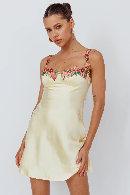 Rose Garden Floral Applique Mini Dress Yellow