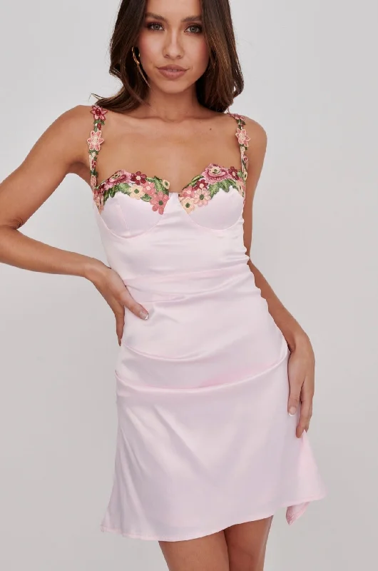 Rose Garden Floral Applique Pleat Mini Dress Pink Cozy Ruched Mini Dress