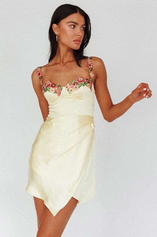 Rose Garden Floral Applique Wrap Mini Dress Lemon