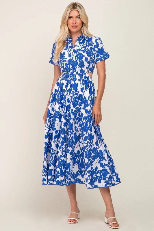 Royal Blue Floral Collared Short Sleeve Side Cutout Midi Dress Fashionable Plaid Midi Dress Royal Blue Floral Collared Short Sleeve Side Cutout Midi Dress Fashionable Plaid Midi Dress