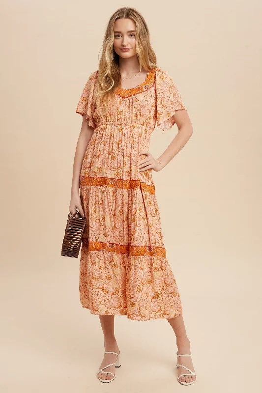 Rust Border Print Tiered Midi Dress Trendy A-Line Midi Dress