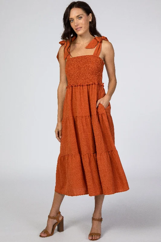 Rust Bow Strap Tiered Midi Dress Stylish High-Waisted Midi Dress