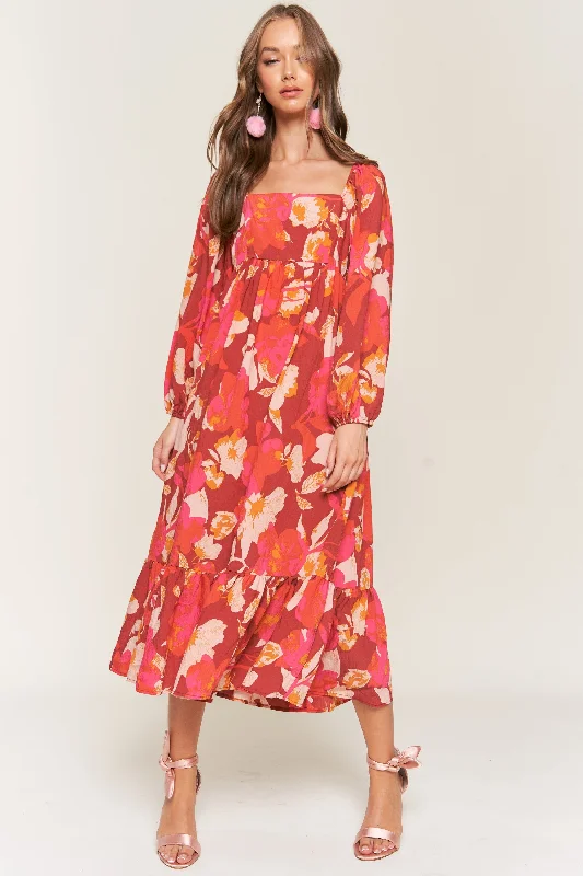 Rust Floral Square Neck Long Sleeve Midi Dress Chic Lace Detail Midi Dress