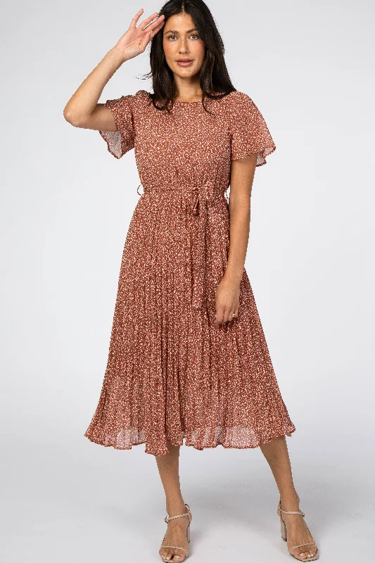 Rust Leaf Print Pleated Midi Dress Elegant Faux Wrap Midi Dress
