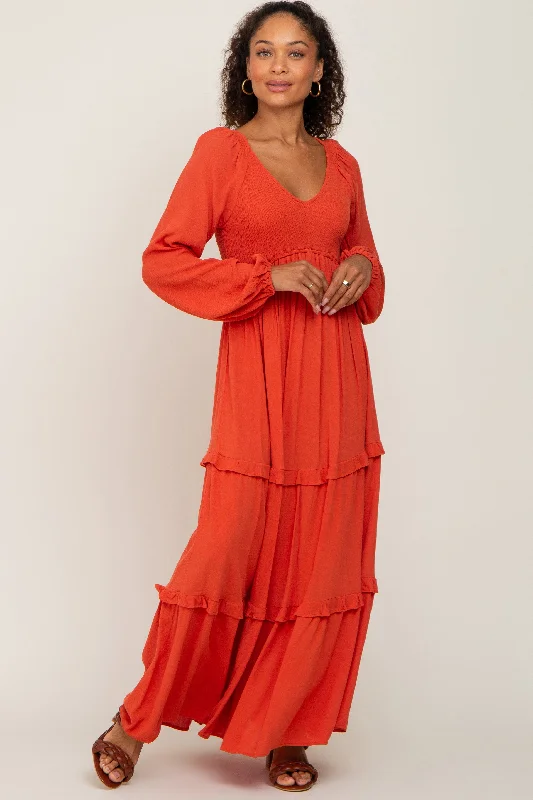 Rust Smocked Tiered Midi Dress Elegant Satin Slip Midi Dress