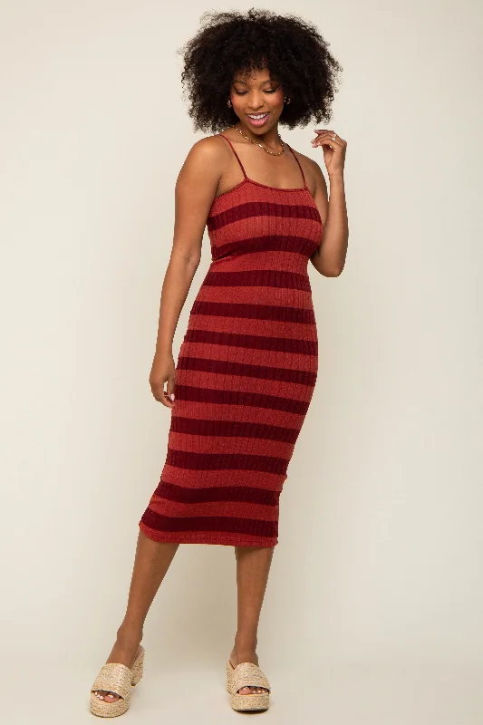 Rust Striped Rib Knit Midi Dress Fashionable Plaid Midi Dress