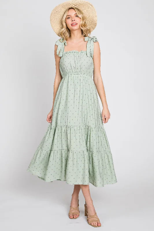 Sage Polka Dot Shirred Midi Dress Cozy Spaghetti Strap Midi Dress