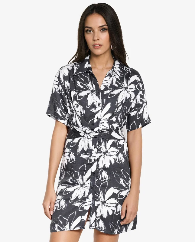 Rareism Women Saltillo Black Short Sleeve Collared Collar Button A-Line Floral Mini Dress Chic Pleated Mini Dress