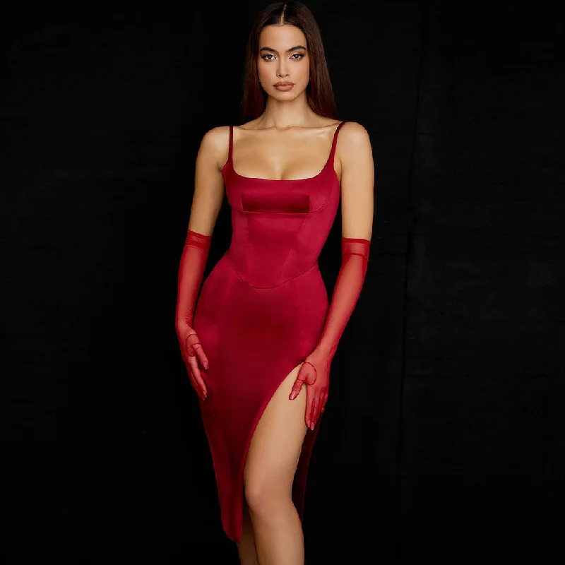 Silky Satin Square Neck High Slit Cocktail Party Midi Dress - Burgundy Comfortable Deep V Midi Dress Silky Satin Square Neck High Slit Cocktail Party Midi Dress - Burgundy Comfortable Deep V Midi Dress