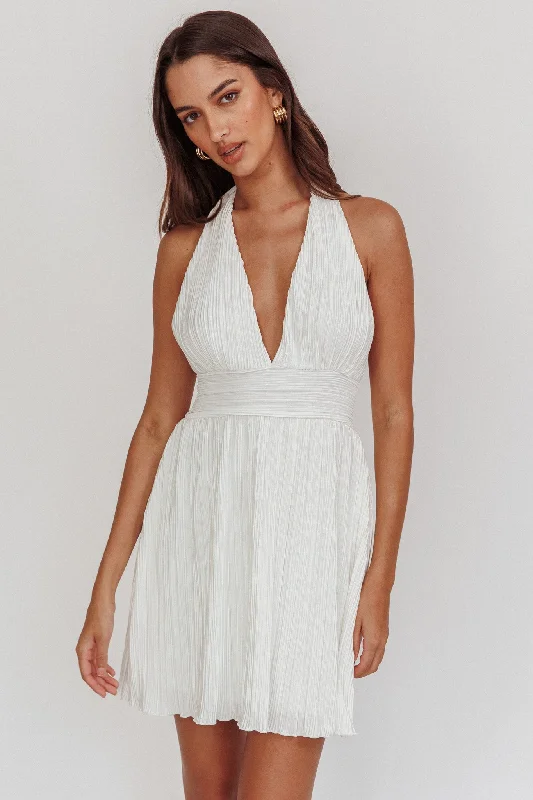 Sinia Plisse Halter Mini Dress Off White Elegant Vintage Mini Dress