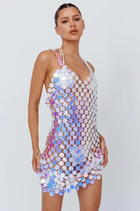 Sirenuse Acrylic Circle Mini Dress Iridescent Silver Trendy Denim Mini Dress