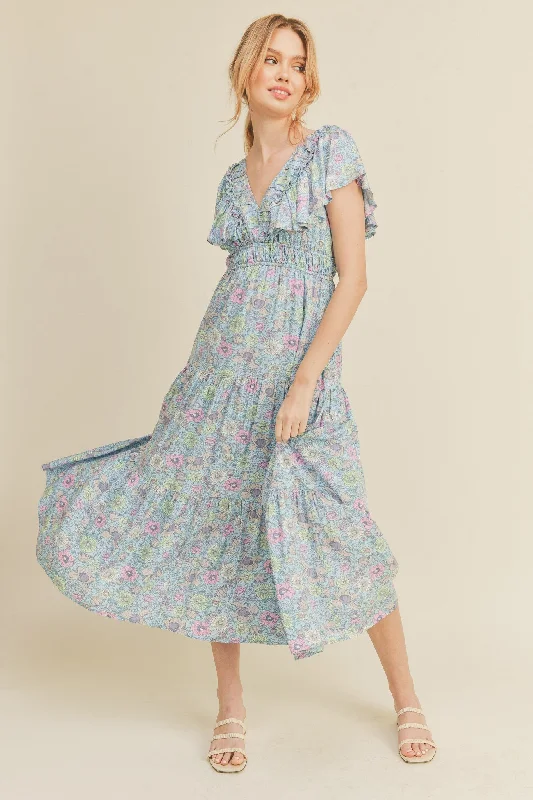 Sky Blue Floral Tiered Floral Midi Dress Elegant Pleated Sleeve Midi Dress