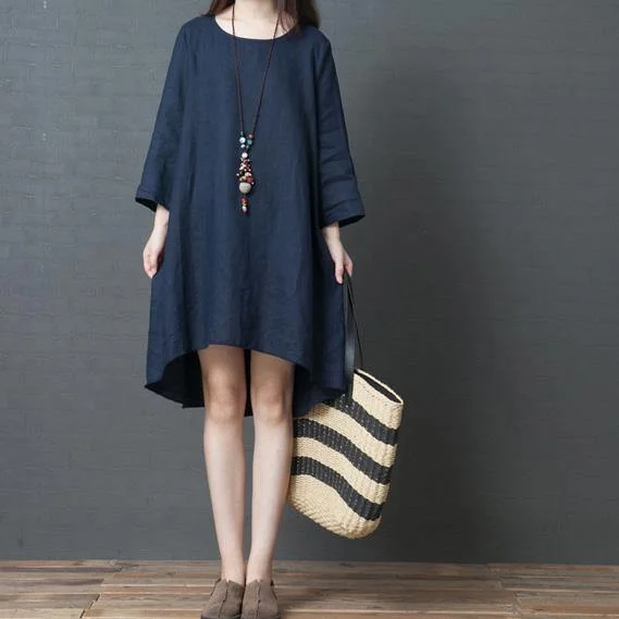 Style navy linen clothes Organic Fabrics o neck asymmetric Midi Dresses