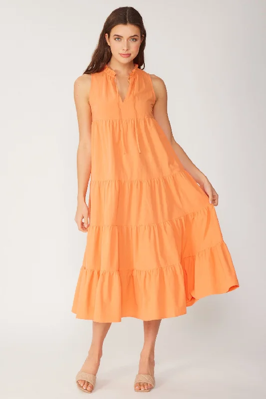Tangerine Tiered Linen Blend Solid Midi Dress Trendy Flared Sleeve Midi Dress