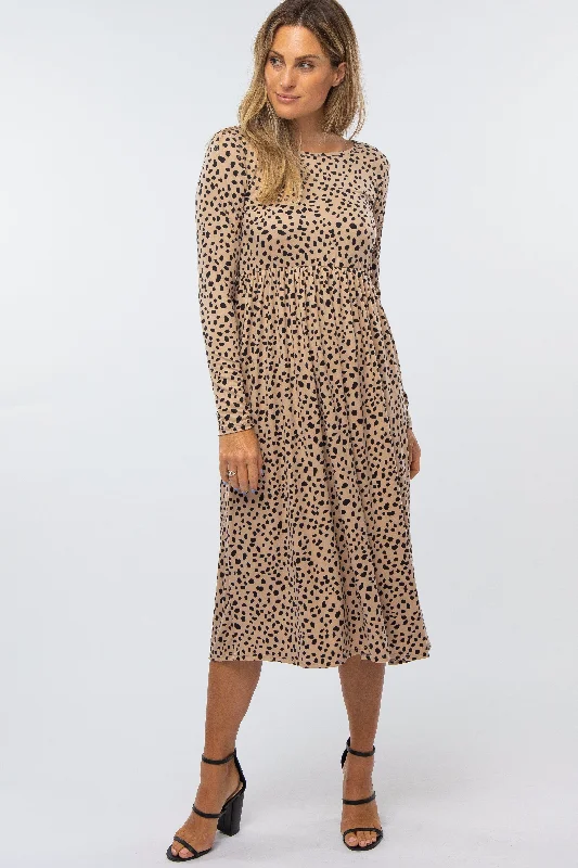 Taupe Abstract Animal Print Midi Dress Trendy Mock Neck Midi Dress