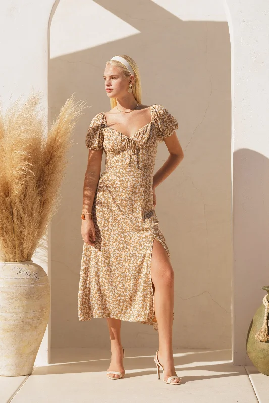 Taupe Printed Short Sleeve Open Back Midi Dress Fashionable Sheer Sleeve Midi Dress