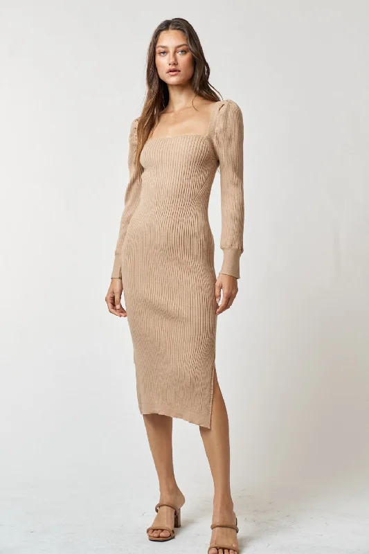 Taupe Ribbed Knit Long Sleeve Midi Dress Fashionable Pencil Midi Dress
