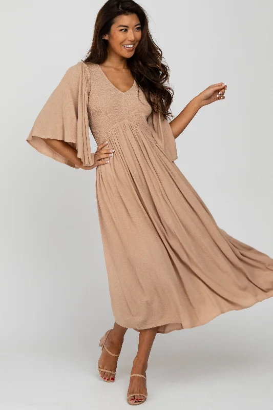 Taupe Smocked Front Ruffle Sleeve Midi Dress Trendy Bodycon Midi Dress