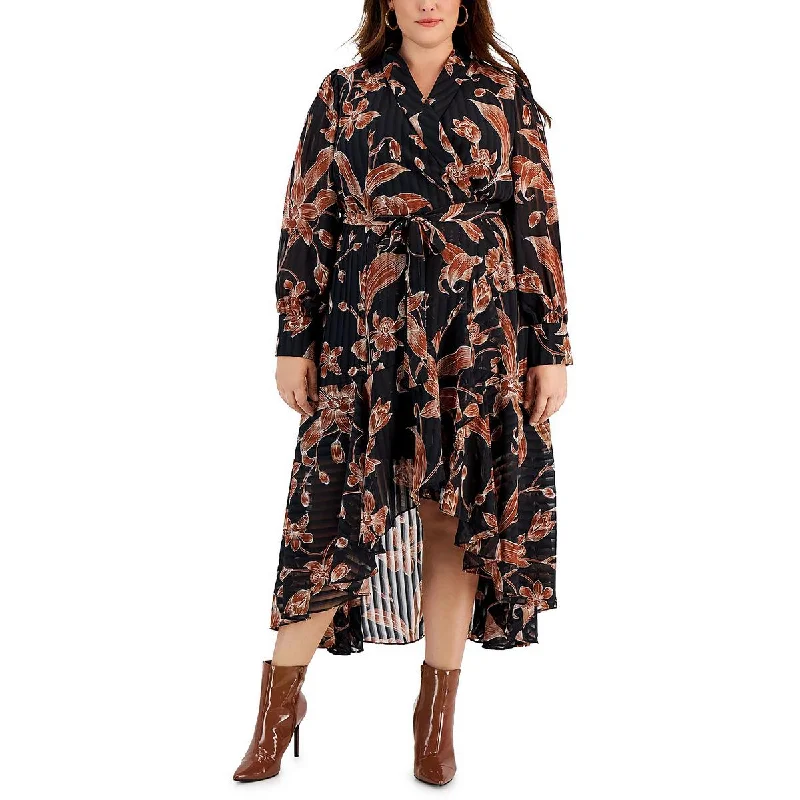 Taylor Womens Plus Printed Hi-Low Midi Dress Trendy Smocked Waist Midi Dress