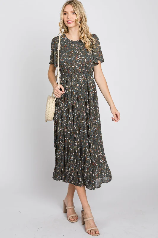 Teal Floral Pleated Chiffon Midi Dress Elegant Lace Trim Midi Dress