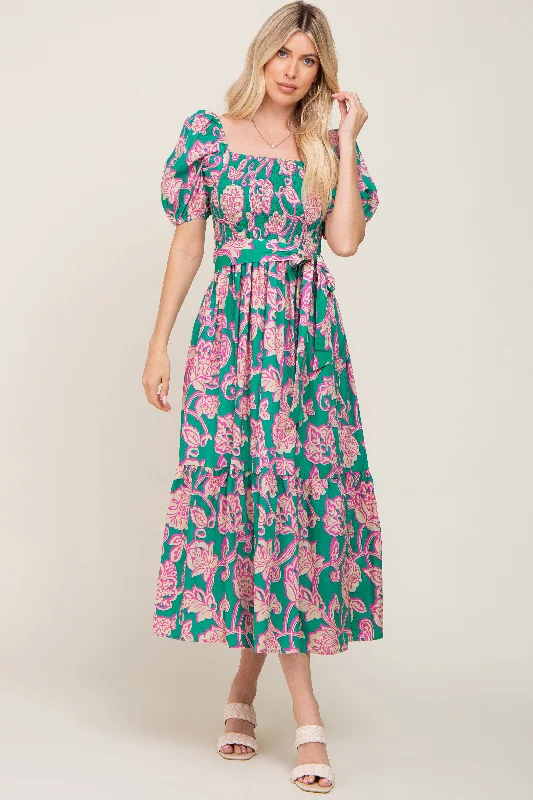 Teal Floral Square Neck Smocked Midi Dress Cozy T-shirt Midi Dress