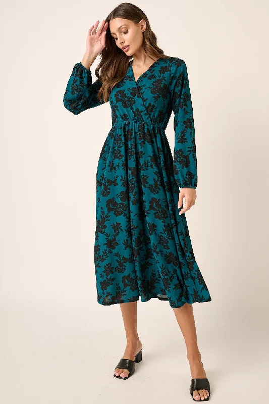 Teal Flower Print Long Sleeve Surplice Midi Dress Trendy Midi Dress with Belt