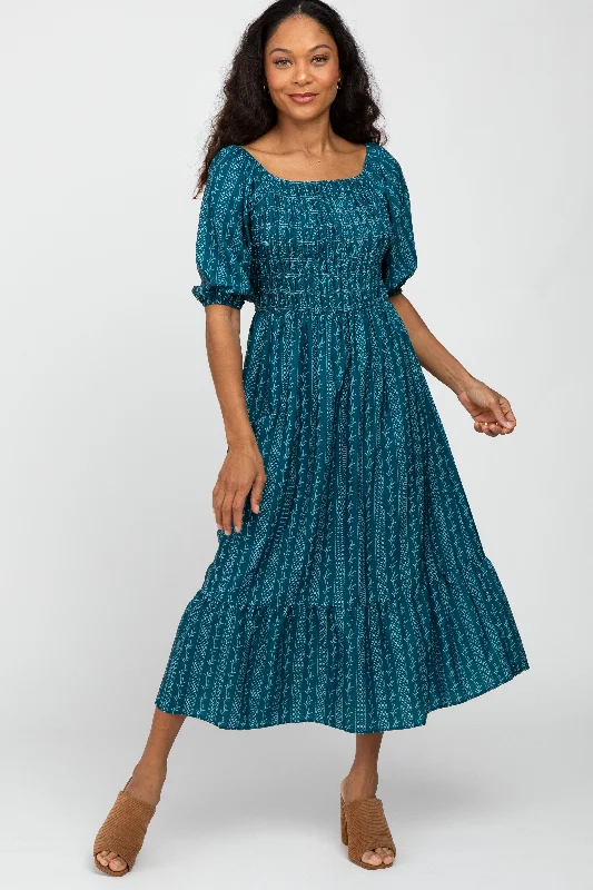Teal Leaf Print Smocked Midi Dress Stylish Pleated Skirt Midi Dress