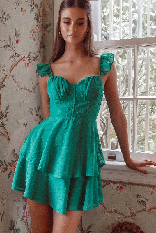 Theory Sweetheart Neckline Frill Strap Mini Dress Textured Green Trendy Mini Dress with Belt Theory Sweetheart Neckline Frill Strap Mini Dress Textured Green Trendy Mini Dress with Belt