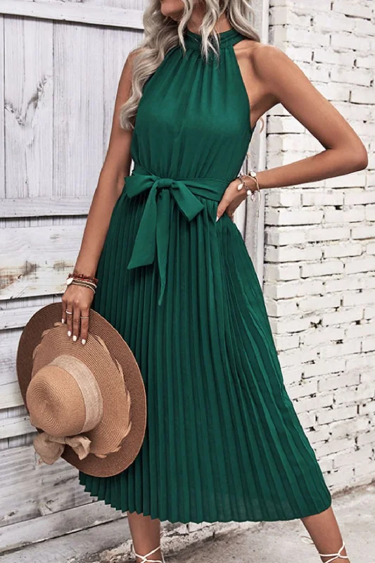 Tie Belt Pleated Midi Dress Classic Black Midi Dress