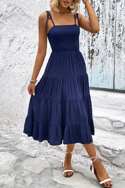 Tie-Shoulder Tiered Midi Dress Trendy A-Line Midi Dress