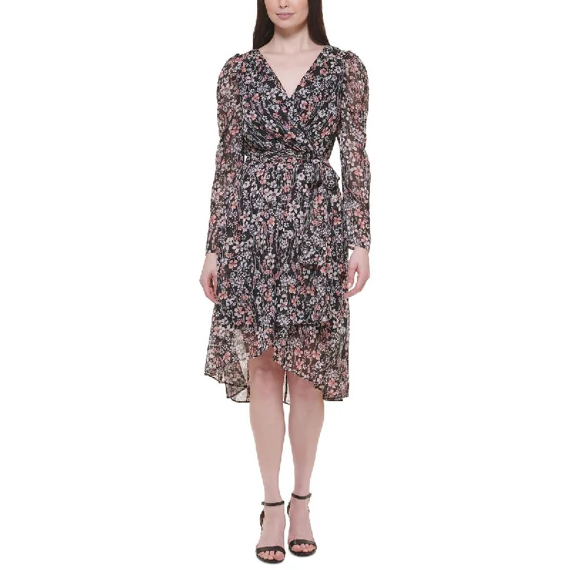 Tommy Hilfiger Womens Petites Chiffon Floral Midi Dress Cozy Midi Dress with Pockets