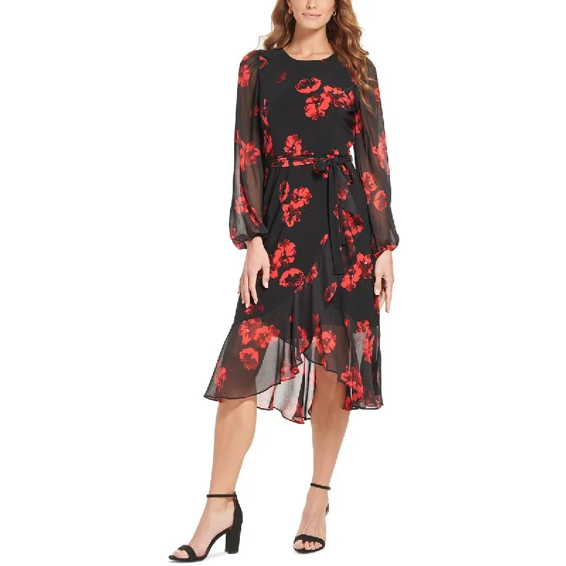 Tommy Hilfiger Womens Petites Floral Print Sheer Midi Dress