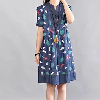 top quality denim blue cotton dresses Loose fitting holiday dresses Elegant prints short sleeve midi dress