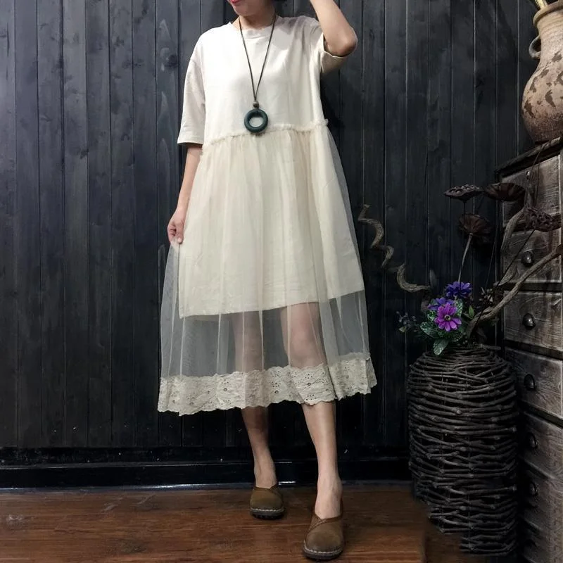 top quality nude Midi-length cotton dress trendy plus size clothing dress top quality ruffles lace patchwork midi dress