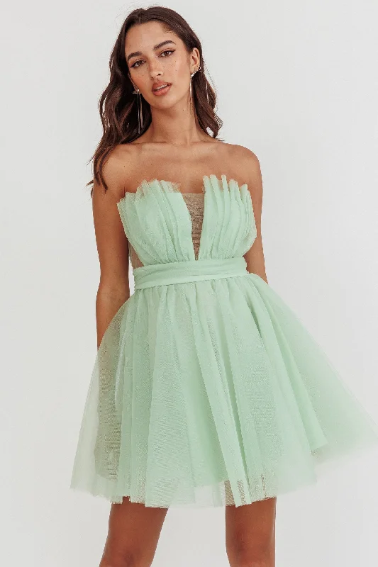 Touch The Stars Gathered Mesh Mini Dress Sage Elegant Tulle Mini Dress