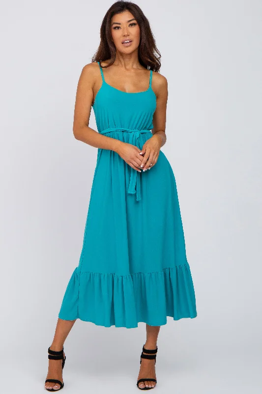 Turquoise Waist Tie Ruffle Hem Midi Dress Stylish Color Block Midi Dress