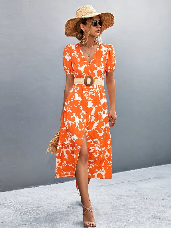 V-Neck Short Sleeve High Slit Midi Dress Stylish Off-Shoulder Ruffle Dress