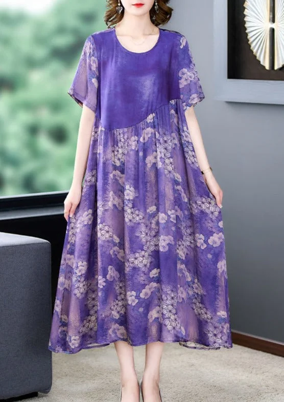 Vintage Casual Robe Floral Silk Midi Dress