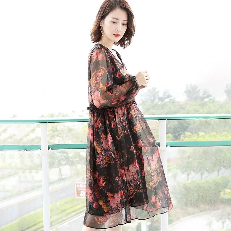 Vintage Chiffon Loose Floral Hollow Women Midi Dress