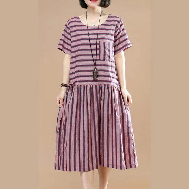 vintage pink striped linen shift dresses plus size casual dress Fine drawstring short sleeve midi dress