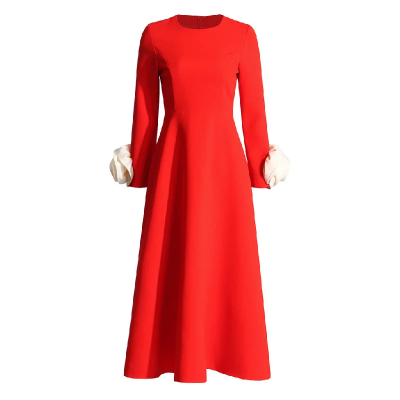 Vintage Round Neck Long Sleeve Fit and Flare Crepe Rosette Trim Midi Dress Comfortable Sleeveless Midi Dress Vintage Round Neck Long Sleeve Fit and Flare Crepe Rosette Trim Midi Dress Comfortable Sleeveless Midi Dress