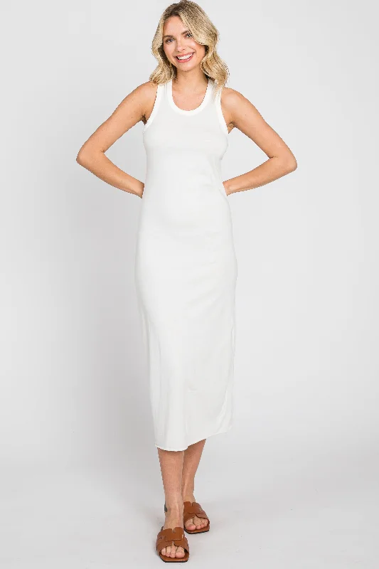 White Racerback Fitted Midi Dress Comfortable Lace-Up Midi Dress