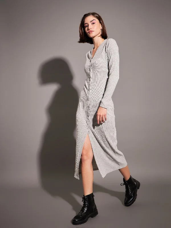 Women Grey Rib Front Button Midi Dress Comfortable Button Front Midi Dress