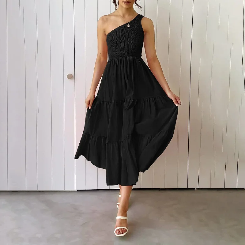 Womens One Shoulder Sleeveless Smocked Ruffle Tiered Beach Long Midi Dress Trendy Long Sleeve Midi Dress